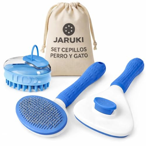 Jaruki® | Kit Aseo Mascotas 3 en 1 | Cepillo de Baño con Dosificador Champú + Cepillo para Perros y Gatos + Bolsa Almacenaje | Peine Perro y Gato Seguro para tu Mascota | Cepillo Sistema Recogepelos