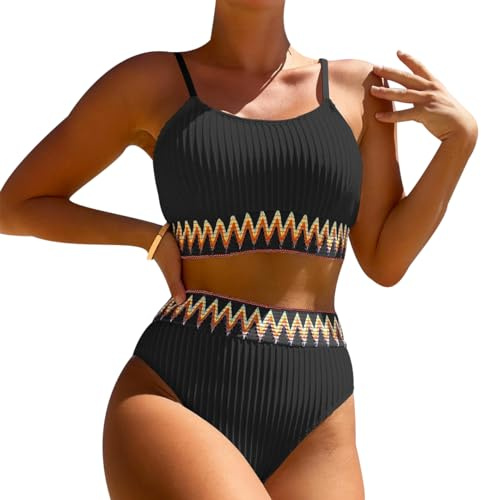 Bikini Taille Haute Femme Maillot de Bain Femme 2 Pieces Taille Haute Push Up Ensemble Bikini Bandeau Mayo de Bain Femme Swimsuit Trikini Maillot de Bain Natation Piscine Deux Pièces Femme Noir M
