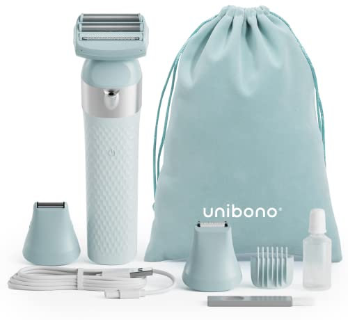 Unibono All-in-one Damenrasierer Elektrisch Kit, Ladyshaver Elektrischer mit LED Licht für Intimbereich, Bikini Rasierer Nass und Trocken, Hell-blau