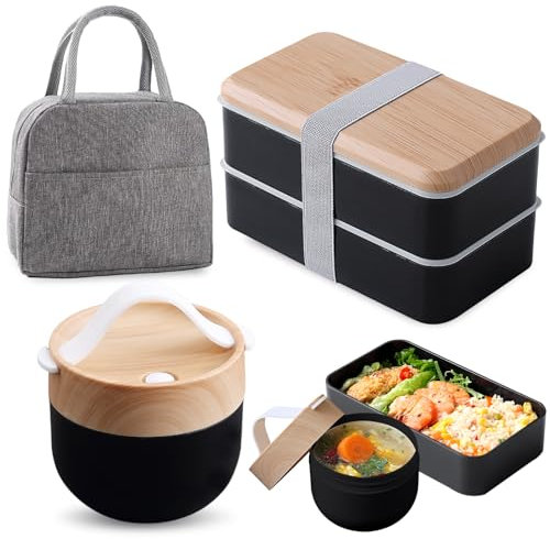 WANDGU Bento Box japonesa de 1400 ml: Bento Box para adultos con cuenco para sopa y bolsa aislante, fiambrera con compartimentos, apilable, fiambrera para adultos y niños para el trabajo y la escuela,