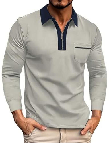 Polo à manches longues pour homme, coupe classique, fermeture éclair, couleur unie, en coton et lin, col montant pour le travail, les vacances, la marche en plein air, gris, L