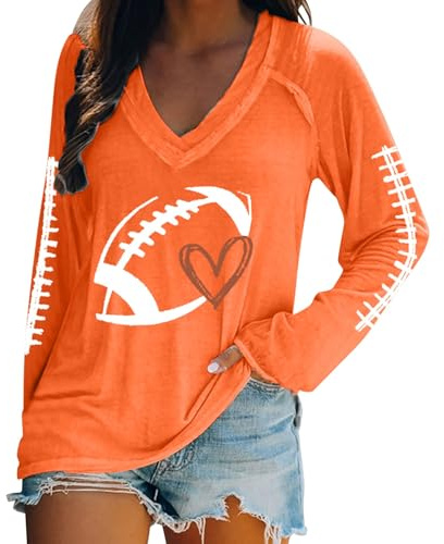 Football Shirts for Women 2025 Plus Size Cute Graphic Print Fall Game Day Sweatshirts Casual V Neck Long Sleeve Tops Pullover Cute Sports Must Haves for Moms Tops Orange 4X-Large