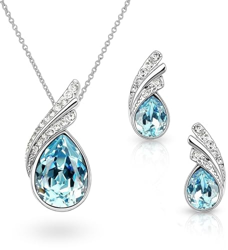 Crystalline Azuria Donna 18ct Placcato Oro Bianco Lacrima Cristalli Blu Acquamarina simulato Parure Collana con Ciondolo 45 cm Orecchini