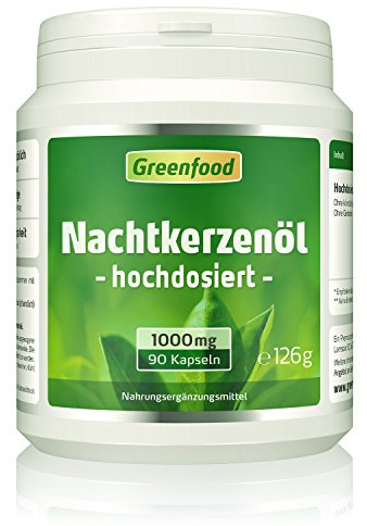 Nachtkerzenöl Kapseln, hochdosiert, 1000mg - 90 Softgels. Reich an Omega-6 (GLA) und natürlichem Vitamin E (Zellschutz). OHNE künstliche Zusätze - laborgeprüft. Von Greenfood.