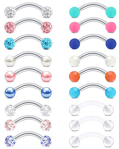 Rajnard Piercing Rook Piercing de Cejas 16G Acero quirúrgico Banana Barbell 8 mm Bola de Cristal Perforación de Cuentas Joyas para Mujeres Hombres Niñas 18pcs