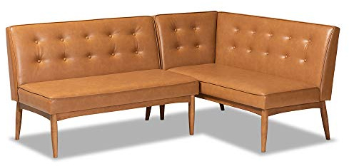 Baxton Studio Arvid Mid-Century Modern Tan Faux Leather Upholstered and Walnut Brown Finished Wood 2-Piece Dining Corner Sofa Bench