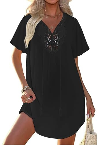 Ekouaer Strandskydd för kvinnor strandkläder, urholkad strandklänning, spets virkad V-ringad strand täcker upp S-XXL, Svart, XL