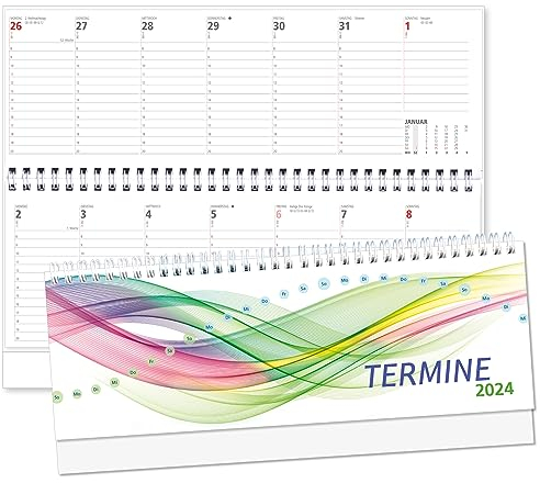 Bürokalender quer 2026 Welle bunt Spiralkalender Schreibtischkalender Tischquerkalender Tischkalender quer Sonn- und Feiertage Rot 1 Woche je 1 Seite 64 Seiten