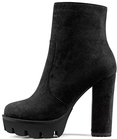 NobleOnly Mujer Chunky Ancho Alto High Plataforma Heel Redonda Punta Botines Cremallera Fiesta Clásico Botas