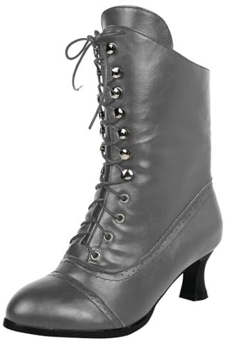 Briskorry Bottines vintage victoriennes pour femme - Bottes en cuir - Style rétro gothique - Steampunk - En cuir synthétique - Bout pointu - Bottes de moto à lacets - Pour la fête de la bière, Gris 2,