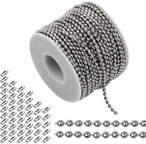 HoaaiGo 20 Meter Chaîne à Perle en Acier Inoxydable, 2,4mm Chaîne de Boule à Maillons de Câble, Rouleau de Chaine à Billes Bricolage Rouleaux Perlée de Extension avec 50 Connecteur