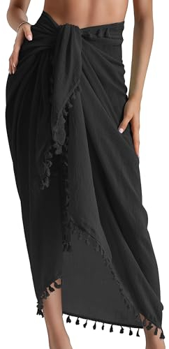 AVAYUU Damen Sarong Pareo Strand Wickelrock Lang Strandkleid Tücher Sexy Bikini Vertuschen Sommer Badeanzug Cover up Strandtuch Vertuschung Wrap TapisserieWickeltuch mit Quaste Schwarz
