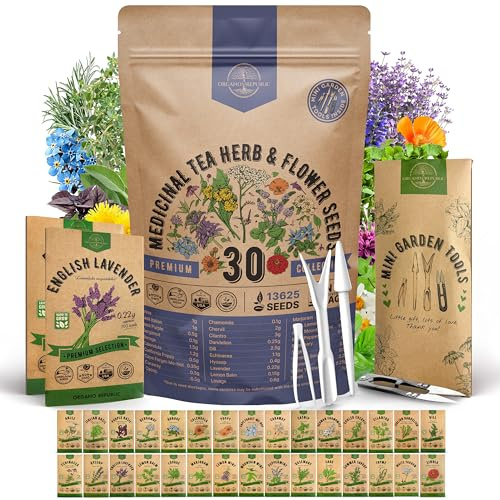 Organo Republic 30 Medicinal Tea Herb & Flower Seeds Variety Pack - 13600+ Non-GMO Heirloom Flower Seeds for Outdoor & Indoor Garden, Including Bergamot, Catnip, Calendula, Dandelion, Lovage, Zinnia