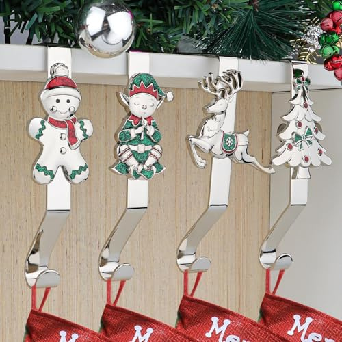 EBANKU Appendini per calze Natale per camino, 4 stili Dupporti per Calze Natale per Mensola Antiscivolo Robusti Ganci per calze per Decorazioni Natalizie per la casa, Set 4 (argento)