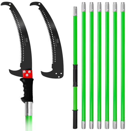 Grefinity Manual Pole Saw, 27FT Tree Branch Trimmer with 8-Section Fiberglass Handle, Sharp Steel Blade, Easy to Carry and Extendable Design for Tree Maintenance, Green