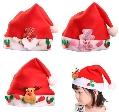 Mikiuly Bonnet Noel, Chapeau de Père, Bonnet de Noel Enfant, Chapeaux Christmas pour Enfants, Bonnets de Christmas en Peluche, Cadeaux Noels, Peluche Ornements de Noëls pour Enfant, 3pc