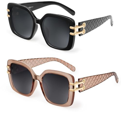 JM 2er Pack Vintage Oversized Square polarisierte Sonnenbrille für Frauen，Retro Luxus Große Sonnenbrille UV400 (Schwarz&Braun)