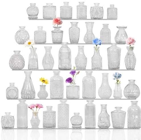 Set of 40 Glass Bud Vases, Small Clear Glass Vases in Bulk, Mini Vintage Embossed Flower Vase for Wedding, Centerpieces, Birthday Party, Home Table Decorations, Baby Shower (Clear)