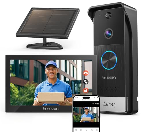 TMEZON Videoportero WiFi inalambrico,Sistema de Intercomunicación 1080P,7'' Monitor Táctil a Color,Timbre Video Mirilla con Panel Solar,Detección de Movimiento PIR,Desbloqueo en Remoto,2.5/5G WiFi