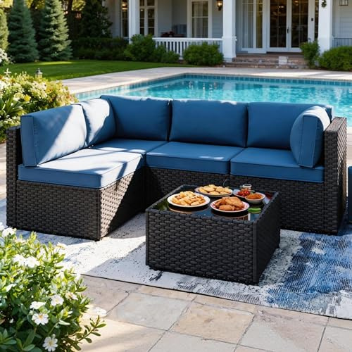 SUNLEI 5 Piece Patio Furniture Sets, Low Back All-Weather Rattan Sectional Sofa with Tea Table&Washable Couch Cushions, Patio Furniture Sets, Silver Rattan
