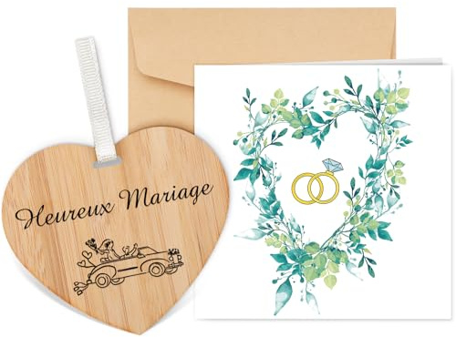 TheGiffter Carte Mariage Félicitation,Cadeau Mariage avec Enveloppe | Carte Mariage avec Plaque Cœur en Bois, Cadeaux pour le Jour de Vœux Mariage à l'Intention de la Mariée et du Marié