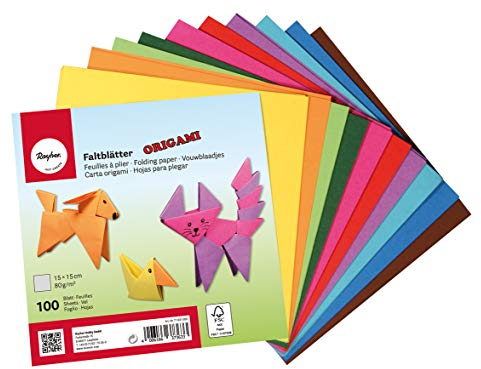 RAYHER HOBBY 71831000 Origami Faltblätter, 100 Blatt sortiert, 10 Farben beidseitig, Basistöne, Bastel Faltpapier für Kinder und Erwachsene, 15 x 15 cm, 80g/m2