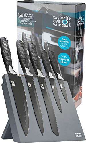 Taylors Eye Witness Bloc à Couteaux magnétique 5 pièces dans Une boîte avec Ensemble de Lame en Acier Inoxydable avec revêtement antiadhésif, Noir