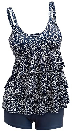 ECUPPER Womens Tankini Sets Swimsuits Ruffled Flounce Printed Swim Tops and Shorts 2 Piece Plus Size Swimming Costume Floral 4XL