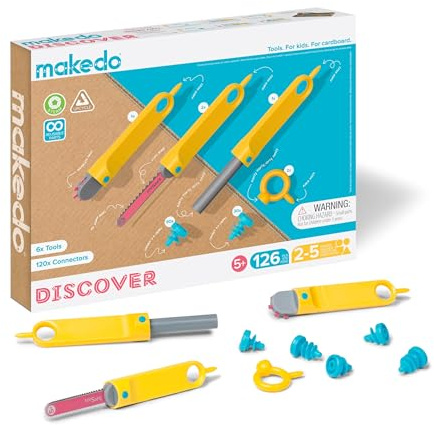 Makedo DISCOVER Toolbox. Kit de Herramientas de construcción para cartón,126 piezas, niños mayores de 5 años. Perfecto para juegos creativos en casa