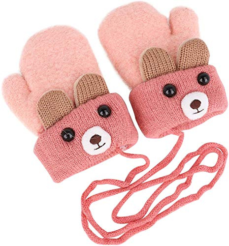 Moufles D'hiver pour Enfants 0 à 3 Ans Bébés Garçons Filles Polaire Gants Hiver Ours Mignon Tricotés Epais Chaud Mitaines avec corde pour Neige Ski Snowboard Cadeau de Noël