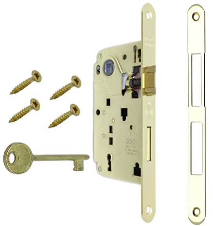 Serratura Porta Interna AGB Serie CENTRO. Entrata 50, Interasse 90. (Fronte 18x196, SCROCCO CATENACCIO CHIAVE, OTTONE Lucido)