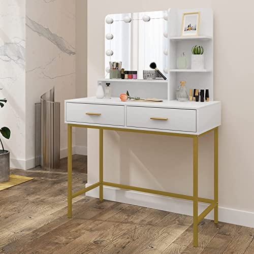 Lestarain Toeletta da Trucco con Specchio e 10 Luci LED Postazione Trucco Bianco con Specchiera Tavolo Cosmetici con 2 Cassetti e Scaffale per Camera da Letto in Legno 90x45x137,5cm LUGIG008