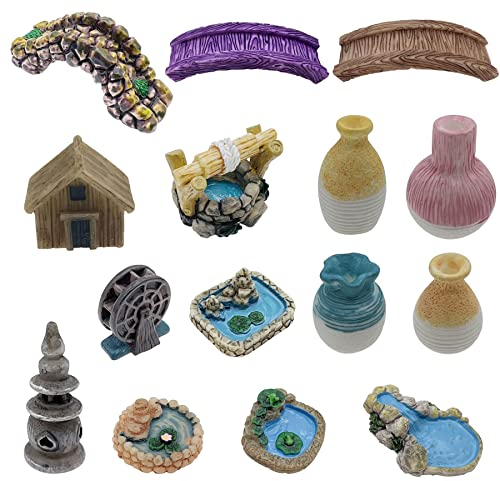 Cayway 16 PCS Accessoires de Jardin de Fées Miniatures, Fairy Garden Accessoires Miniatures Fée, Pont, Étang, Vase pour La Décoration de Jardin de Bricolage