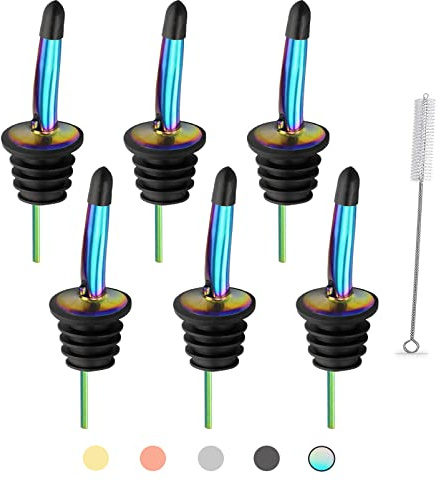 WAFJAMF 6 Pcs Liquor Pour Spouts Set, Stainless Steel Liquor Bottle Pourers with Rubber Dust Caps, for Pours Liquid, Olive Oil, Wine, Vinegar（Rainbow）