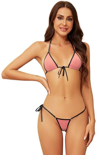 Dadress Micro-Bikini-Sets, extrem sexy, Neckholder-Badeanzug für Damen, seitliche G-String, freche Bademode, Mini-Bikinis, B-pink, Einheitsgröße