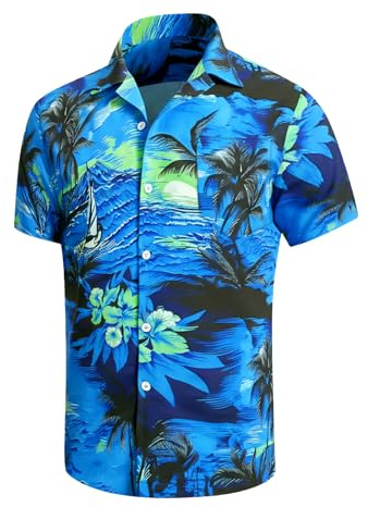 Men's Hawaiian Shirt Funky Blue Beach Printed Tropical Beach Shirt Casual Button Down Short Sleeve Floral Shirts Tops