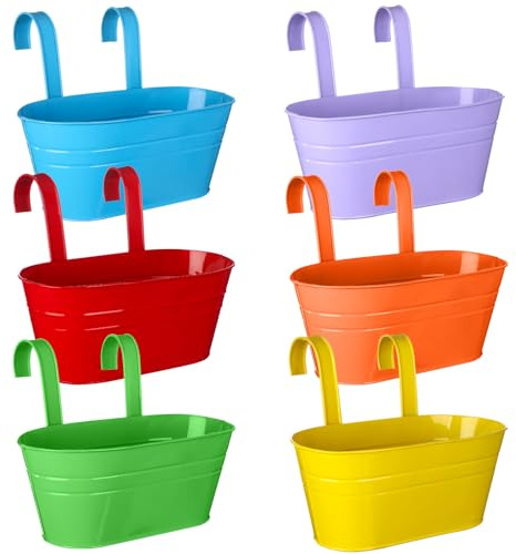 Beautywen 6 Pack Metal Hanging Flower Pots Double-hook Hanging Buckets Flower Pots Planters Metal Iron Pots Fence Planters for Fence Balcony Garden