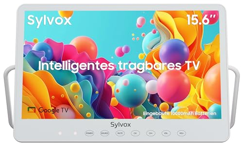 SYLVOX Mini TV Portatile 15.6 con DVB-T2/S2, 1080P HD Batteria Ricaricabile 10000mAn (Lavoro 4-6 Ore), IP66 Impermeabile Google Televisore, HDMI/USB, 12 Volt per Camper, Bagni, Cucine