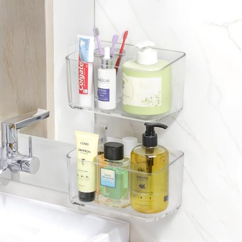 PAVSTINE Mensola Doccia Senza Foratura Trasparente, 2 Pezzi Cestino Portaoggetti, Accessori Doccia con Ventose, Shower Caddy, Mensole Bagno Può Contenere Sapone, Shampoo, Bagnoschiuma(Alto Medio)