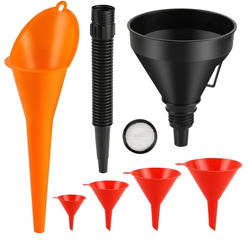 TYSM-CC 6 Stück Einfülltrichter Set, Kunststoff-Öltrichter mit langem Hals, mit Schlauch & Sieb, Universal Auto Benzin Kraftstoff Trichter Set für KFZ, Auto, Werkstatt & Haushalt