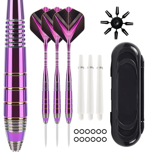 ZLFCypheria 3 stycken dartpilar med metallspets, professionella stållarts med metallspets, steeldartsset, med 3 flygningar, 3 aluminiumskaft, 12 anti-lösa gummiringar, 1 dart fodral (lila fantom)