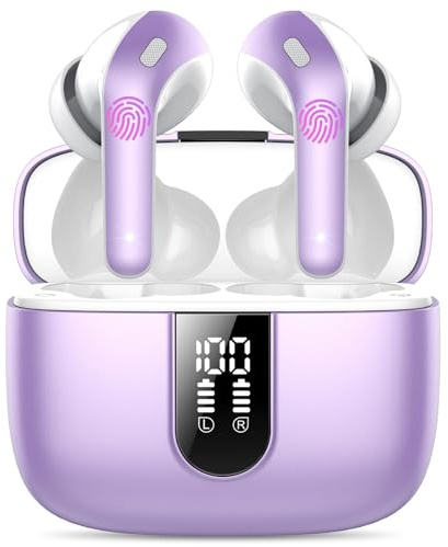 IKT Ecouteurs Bluetooth sans Fil, Casque Bluetooth 5.3, 50 Heures Contrôle Tactile, 4 ENC Appel Réduction Antibruit Mic, Basses Profondes, Ajustement Confortable, Nouvelle Perle Violette