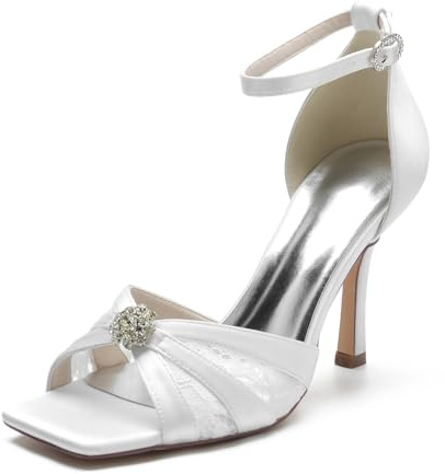 Escarpins à Talons Aiguilles en Dentelle et Satin pour Femmes,Sandales de mariée à Bout Ouvert, Chaussures de Mariage en Cristal Scintillant pour la mariée (Blanc/Ivoire),Blanc,37 EU