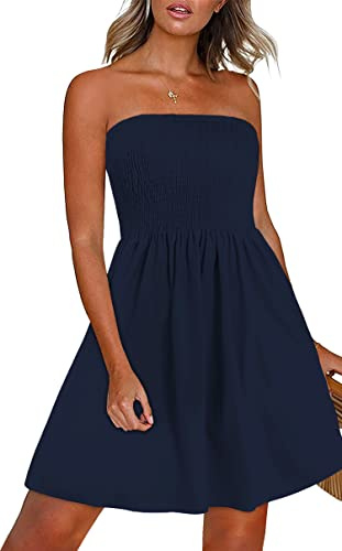 florynova Summer Dresses for Women Strapless Bandeau Dress(Dark Blue,L)