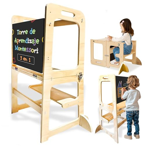 Torre de Aprendizaje Plegable Mejora la Independencia - Torre Aprendizaje Montessori 3 en 1 Mesa Actividades Bebe 1 Año y Escalera Montessori Madera y Torre Montessori Plegable Mejora Cognitiva