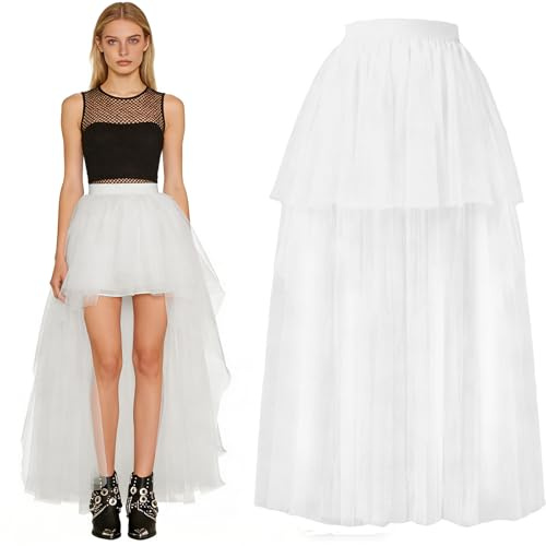 LUKIUP Jupe Tulle Femme Avant Court Arrière Longue, Jupe Tulle Asymétrique Tutu Multi Robe Tulle pour Soirée Spectacle Festival Carnaval Halloween Blanc