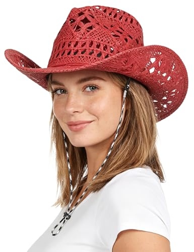 GEMVIE Cowboy Cowgirl Summer Straw Hat Wide Brim Hollow Out Cowboy Beach Sun Hats for Women Ladies