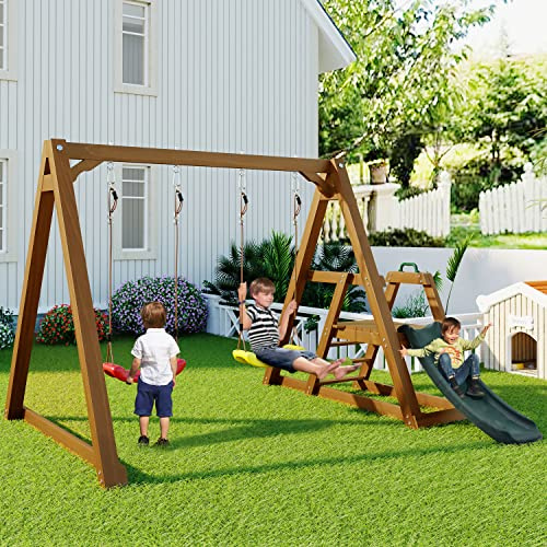 Generisk robust dubbelgunga för barn med rutschkana och klätterstege – massivt trä gungställning utomhus, 238,5 x 240 x 168,9 cm, lastkapacitet 50 kg, från 3 år