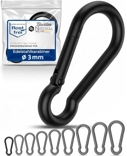 Mosquetón negro V4A A4 sin guardacabos – Ø 3 x 30 mm – 2 unidades – Blackline negro ennegrecido – inoxidable – Calidad marina