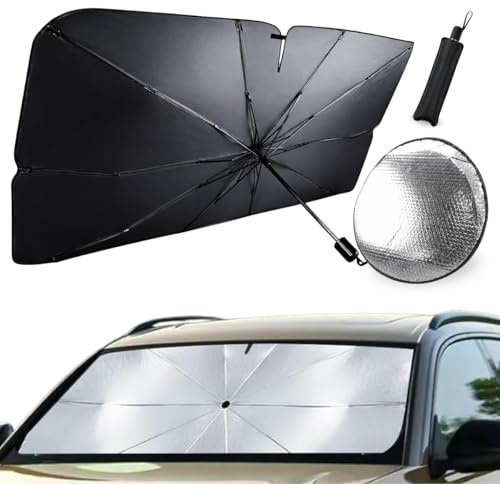 Parasol Coche Delantero 140x80 cm Tipo Paraguas + Protector de Volante Anticalor, Pack 2 en 1 para Reducir Calor Interior, Sombrilla Parabrisas Coche Plegable Universal con Funda
